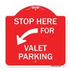 Signmission Stop Here for Valet Parking Left Arrow, Red & White Aluminum Sign, 18" x 18", RW-1818-22854 A-DES-RW-1818-22854